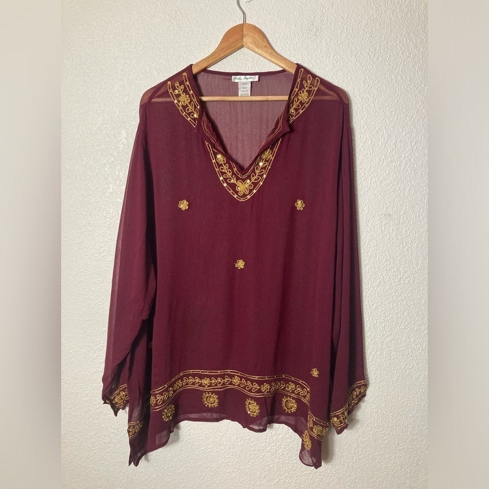 Ulla Popken burgundy purple red sheer blouse long sleeve fairy beading 24-26
